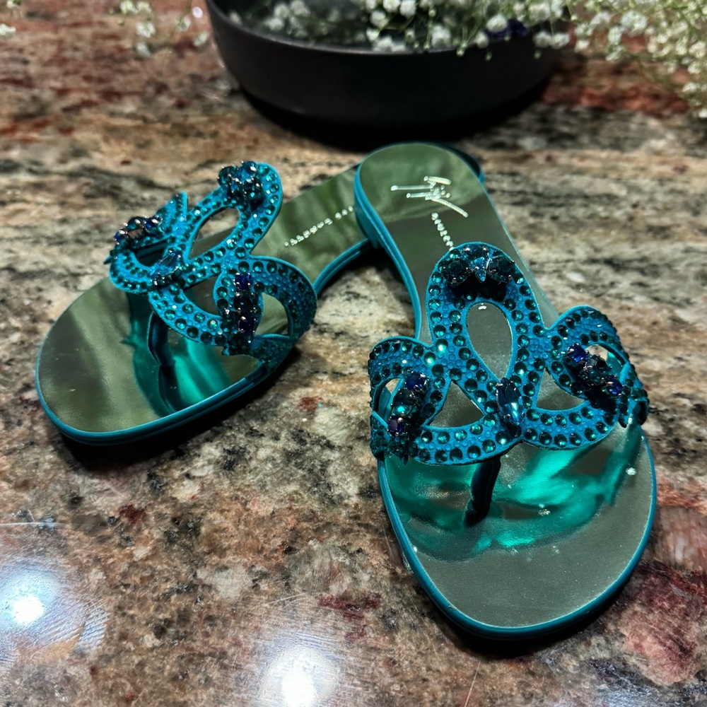 Giuseppe Zanotti Teal Sandals with Rhinestone Accents